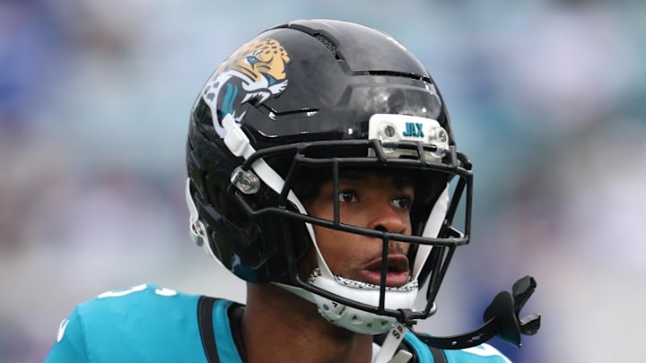 Jacksonville Jaguars cornerback Greg Newsome II warms up before an AFC Wild Card Round game.