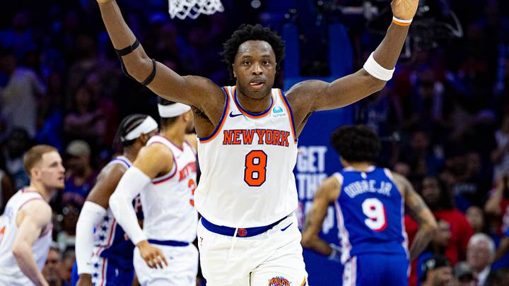 May 2, 2024; Philadelphia, Pennsylvania, USA; New York Knicks forward OG Anunoby (8) reacts to his three pointer against the Philadelphia 76ers during the second half of game six of the first round for the 2024 NBA playoffs at Wells Fargo Center. Mandatory Credit: Bill Streicher-Imagn Images