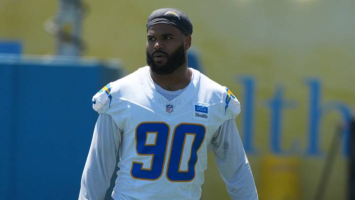 Jul 30, 2026; El Segundo, CA, USA; Los Angeles Chargers linebacker Akheem Mesidor (90) at training camp at The Bolt. Mandatory Credit: Kirby Lee-Imagn Images