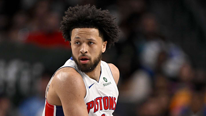 Mar 21, 2025; Dallas, Texas, USA; Detroit Pistons guard Cade Cunningham (2) brings the ball up court against the Dallas Mavericks during the second half at the American Airlines Center. Mandatory Credit: Jerome Miron-Imagn Images