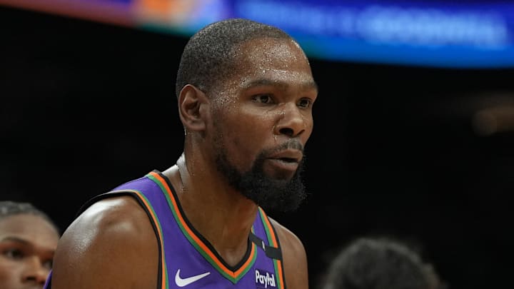 Mar 30, 2025; Phoenix, Arizona, USA; Phoenix Suns forward Kevin Durant (35) reacts after fouling a Houston Rockets player in the first half at Footprint Center. Mandatory Credit: Rick Scuteri-Imagn Images