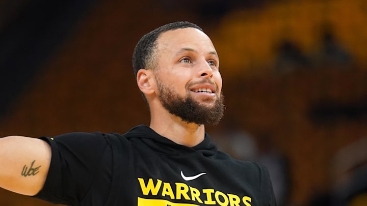 May 2, 2025; San Francisco, California, USA; Golden State Warriors guard Stephen Curry (30) stands on the court during warmups against the Houston Rockets before the start of game six of the first round for the 2025 NBA Playoffs at Chase Center. Mandatory Credit: Cary Edmondson-Imagn Images