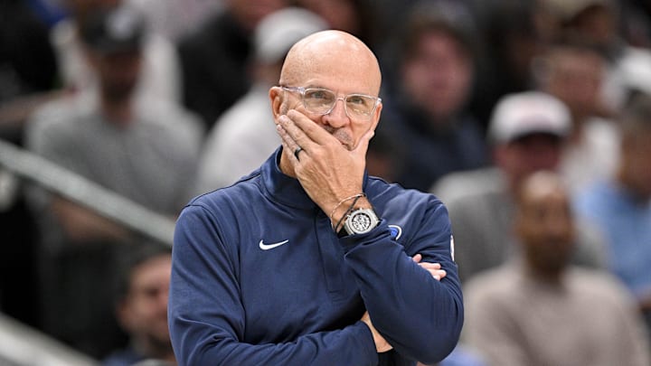 Oct 27, 2025; Dallas, Texas, USA; Dallas Mavericks head coach Jason Kidd looks on during the second half against the Oklahoma City Thunder at the American Airlines Center. Mandatory Credit: Jerome Miron-Imagn Images
