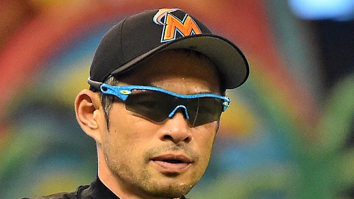 Miami Marlins right fielder Ichiro Suzuki (51) warms up prior to the game against the Atlanta Braves at Marlins Park on Oct 1, 2017. 