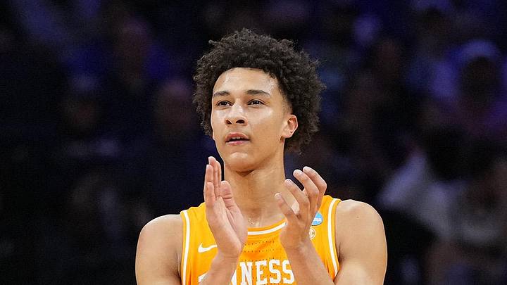 Tennessee Volunteers forward Nate Ament (10) reacts against the Virginia Cavaliers in the second half during a second round game of the men's 2026 NCAA Tournament at Xfinity Mobile Arena on March 22, 2026.