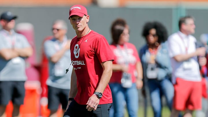 Head coach Brent Venables runs an Oklahoma football practice in