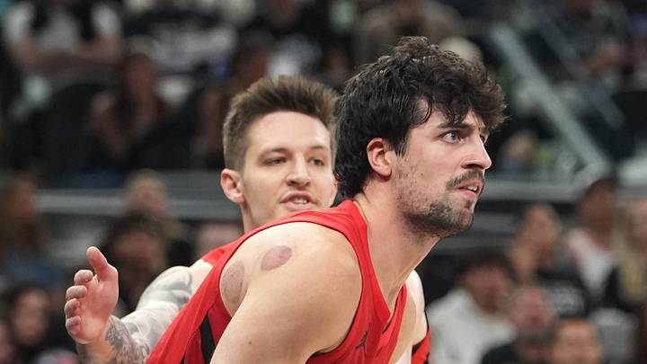 Portland Trail Blazers forward Deni Avdija reacts after getting fouled by San Antonio Spurs guard De’Aaron Fox.