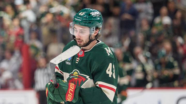 May 9, 2026; Saint Paul, Minnesota, USA; Minnesota Wild defenseman Quinn Hughes (43) skates after scoring against the Colorado Avalanche in the first period of game three of the second round of the 2026 Stanley Cup Playoffs at Grand Casino Arena. Mandatory Credit: Matt Blewett-Imagn Images