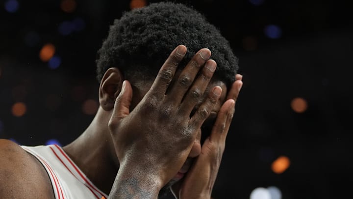 Apr 7, 2025; San Antonio, TX, USA; Houston Cougars guard Terrance Arceneaux (23) reacts as he walks off the court after losing to the Florida Gators in the national championship game of the Final Four of the 2025 NCAA Tournament at the Alamodome. Mandatory Credit: Robert Deutsch-Imagn Images Apr 7, 2025; San Antonio, TX, USA; Houston Cougars guard Terrance Arceneaux (23) reacts as he walks off the court after losing to the Florida Gators in the national championship game of the Final Four of the 2025 NCAA Tournament at the Alamodome. Mandatory Credit: Robert Deutsch-Imagn Images