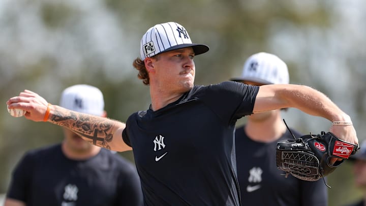 Feb 12, 2025; Tampa, FL, USA; New York Yankees pitcher Chase Hampton (86) participates in spring training workouts at George M. Steinbrenner Field. Mandatory Credit: Nathan Ray Seebeck-Imagn Images