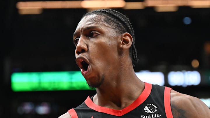 Toronto Raptors forward RJ Barrett reacts after making a three point basket against the Phoenix Suns. Toronto Raptors forward RJ Barrett reacts after making a three point basket against the Phoenix Suns.