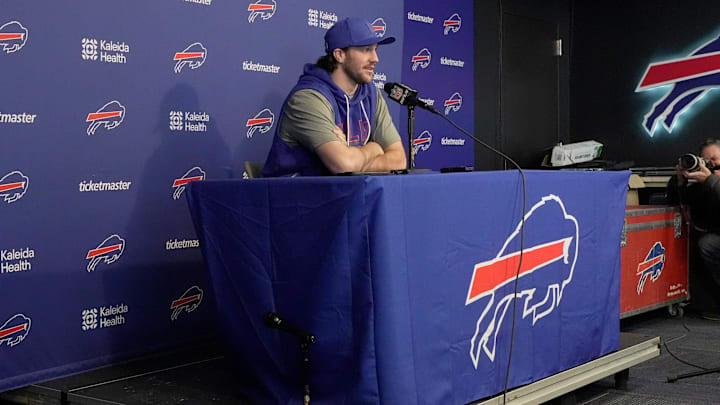 Bills quarterback Josh Allen answers a range of questions during a press conference at the Bills field house in Orchard Park on Jan. 29, 2026. He had minor surgery on his foot recently.