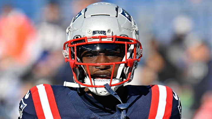 Nov 17, 2024; Foxborough, Massachusetts, USA;  New England Patriots wide receiver Javon Baker (6) warms up before a game against the Los Angeles Rams at Gillette Stadium. Mandatory Credit: Eric Canha-Imagn Images