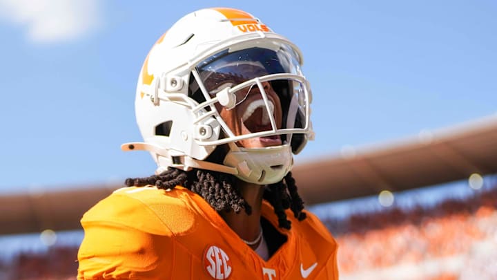 Tennessee wide receiver Chris Brazzell II (17) yells in celebration after scoring a touchdown during a NCAA football game between Tennessee and Georgia at Neyland Stadium in Knoxville, Tennessee, on September 13, 2025.