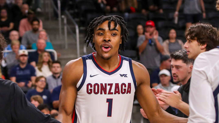 Gonzaga Bulldogs guard Michael Ajayi (1) is announced with the starting lineup before their exhibition game at Acrisure Arena in Palm Desert, Calif., Saturday, Oct. 26, 2024. Gonzaga Bulldogs guard Michael Ajayi (1) is announced with the starting lineup before their exhibition game at Acrisure Arena in Palm Desert, Calif., Saturday, Oct. 26, 2024.