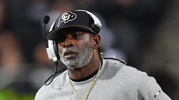 Oct 26, 2024; Boulder, Colorado, USA; Colorado Buffaloes head coach Deion Sanders walks the sidelines in the second half against the Cincinnati Bearcats at Folsom Field. Mandatory Credit: Ron Chenoy-Imagn Images