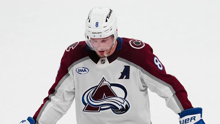 May 24, 2026; Las Vegas, Nevada, USA; Colorado Avalanche defenseman Cale Makar (8) leaves the ice after the loss to the Vegas Golden Knights in game three of the Western Conference Final of the 2026 Stanley Cup Playoffs at T-Mobile Arena. Mandatory Credit: Stephen R. Sylvanie-Imagn Images