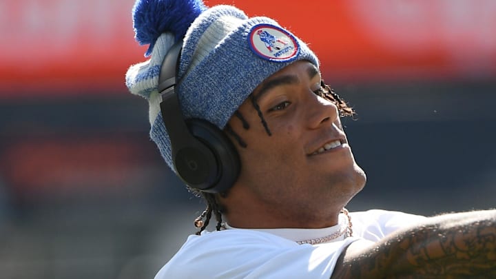 Sep 28, 2025; Foxborough, Massachusetts, USA; New England Patriots cornerback Christian Gonzalez (0) catches the ball during warmups prior to a game against the Carolina Panthers at Gillette Stadium. 