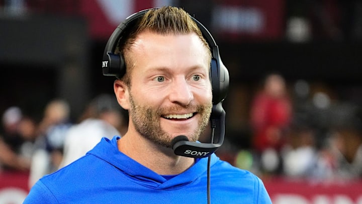 Los Angeles Rams head coach Sean McVay smiles after a touchdown by wide receiver Puka Nacua (12) against the Arizona Cardinals in the second half at State Farm Stadium on Dec 7, 2025, in Glendale, Ariz.