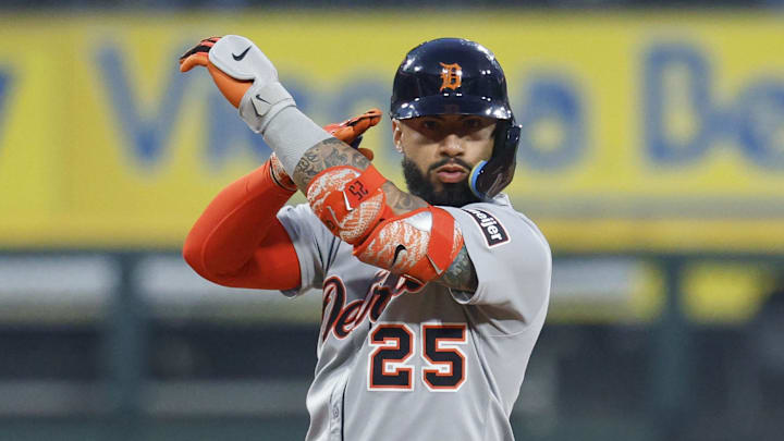 Jun 4, 2025; Chicago, Illinois, USA; Detroit Tigers second baseman Gleyber Torres (25) celebrates after hitting a double against the Chicago White Sox during the first inning at Rate Field.