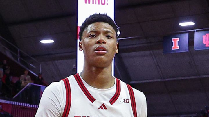 Mar 9, 2025; Piscataway, New Jersey, USA; Rutgers Scarlet Knights guard Ace Bailey (4) walks off the court after defeating the Minnesota Golden Gophers at Jersey Mike's Arena. Mandatory Credit: Vincent Carchietta-Imagn Images
