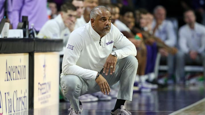 Feb 8, 2025; Manhattan, Kansas, USA; Kansas State Wildcats head coach Jerome Tang looks on during the second half against the Kansas Jayhawks at Bramlage Coliseum. Mandatory Credit: Scott Sewell-Imagn Images Feb 8, 2025; Manhattan, Kansas, USA; Kansas State Wildcats head coach Jerome Tang looks on during the second half against the Kansas Jayhawks at Bramlage Coliseum. Mandatory Credit: Scott Sewell-Imagn Images
