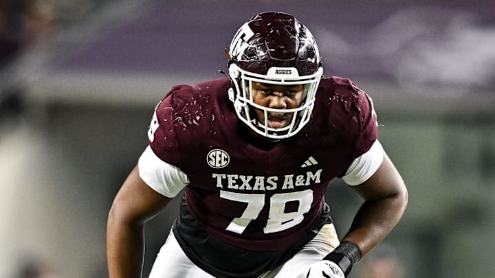 Nov 11, 2023; College Station, Texas, USA; Texas A&M Aggies offensive lineman Dametrious Crownover (78) in action during the second half against the Mississippi State Bulldogs at Kyle Field. Mandatory Credit: Maria Lysaker-Imagn Images