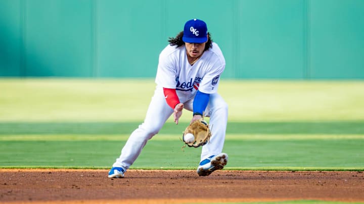 Oklahoma City Dodgers infielder Bryson Brigman (17) fields a ground ball during a Minor League Baseball game between the Oklahoma City Dodgers and the Las Vegas Aviators at Chickasaw Bricktown Ballpark in Oklahoma City on Wednesday, June 21, 2023. Oklahoma City Dodgers infielder Bryson Brigman (17) fields a ground ball during a Minor League Baseball game between the Oklahoma City Dodgers and the Las Vegas Aviators at Chickasaw Bricktown Ballpark in Oklahoma City on Wednesday, June 21, 2023.