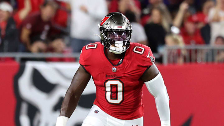 Tampa Bay Buccaneers linebacker Yaya Diaby celebrates after he sacked Baltimore Ravens quarterback Lamar Jackson.