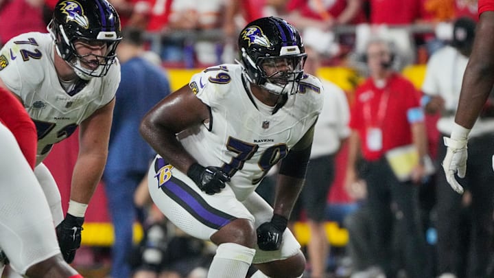 Sep 5, 2024; Kansas City, Missouri, USA; Baltimore Ravens offensive tackle Ronnie Stanley (79) at the line of scrimmage against the Kansas City Chiefs during the game at GEHA Field at Arrowhead Stadium. Mandatory Credit: Denny Medley-Imagn Images Sep 5, 2024; Kansas City, Missouri, USA; Baltimore Ravens offensive tackle Ronnie Stanley (79) at the line of scrimmage against the Kansas City Chiefs during the game at GEHA Field at Arrowhead Stadium. Mandatory Credit: Denny Medley-Imagn Images