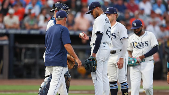 Tampa Bay Rays manager Kevin Cash (16) takes starting pitcher Taj Bradley (45) out of the game against the Baltimore Orioles in the second inning at George M. Steinbrenner Field. Tampa Bay Rays manager Kevin Cash (16) takes starting pitcher Taj Bradley (45) out of the game against the Baltimore Orioles in the second inning at George M. Steinbrenner Field.