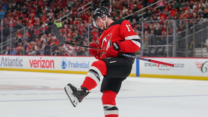 Mar 29, 2026; Newark, New Jersey, USA; New Jersey Devils defenseman Simon Nemec (17) celebrates his goal against the Chicago Blackhawks during the second period at Prudential Center. Mandatory Credit: Ed Mulholland-Imagn Images