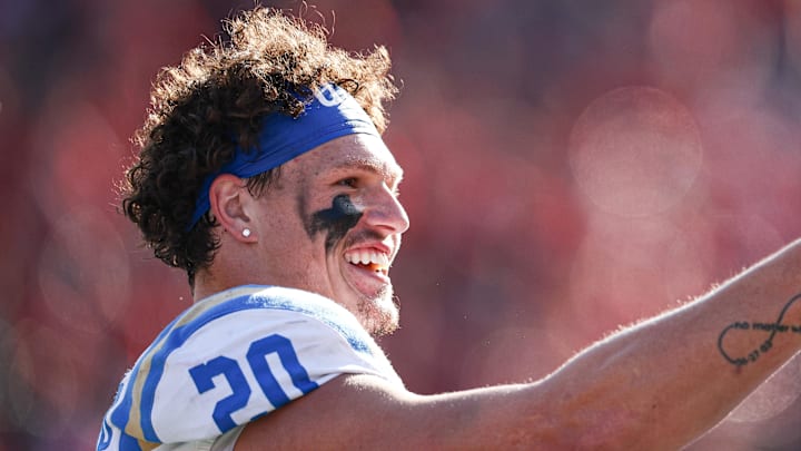 Oct 19, 2024; Piscataway, New Jersey, USA; UCLA Bruins linebacker Kain Medrano (20) celebrates during the second half against the Rutgers Scarlet Knights at SHI Stadium. Mandatory Credit: Vincent Carchietta-Imagn Images