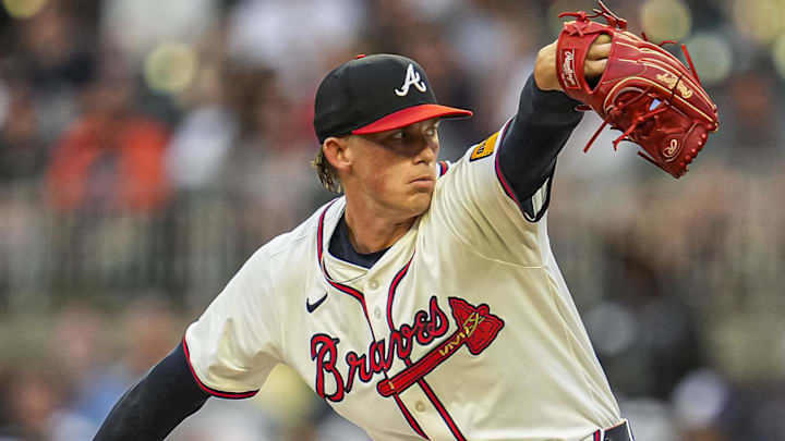 Aug 20, 2025; Cumberland, Georgia, USA; Atlanta Braves starting pitcher Hurston Waldrep (64) pitches against the Chicago White Sox during the second inning at Truist Park. Mandatory Credit: Dale Zanine-Imagn Images