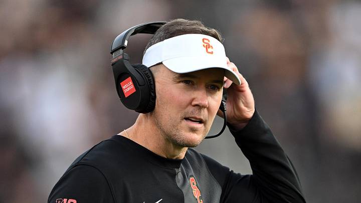 Sep 13, 2025; West Lafayette, Indiana, USA; Southern California Trojans head coach Lincoln Riley stands on the sidelines during the first quarter against the Purdue Boilermakers at Ross-Ade Stadium. Mandatory Credit: Marc Lebryk-Imagn Images