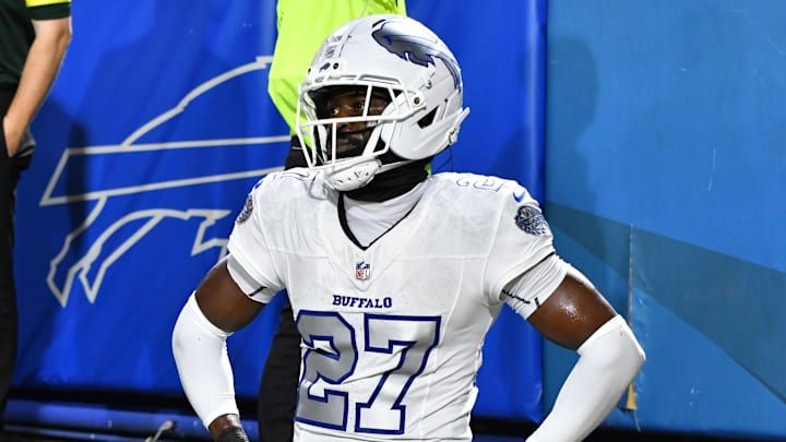 Oct 5, 2025; Orchard Park, New York, USA; Buffalo Bills cornerback Tre'Davious White (27) reacts against the New England Patriots during the first half at Highmark Stadium. Mandatory Credit: Mark Konezny-Imagn Images Oct 5, 2025; Orchard Park, New York, USA; Buffalo Bills cornerback Tre'Davious White (27) reacts against the New England Patriots during the first half at Highmark Stadium. Mandatory Credit: Mark Konezny-Imagn Images