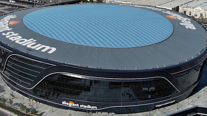 Jul 24, 2025; Las Vegas, NV, USA; A general overall aerial view of Allegiant Stadium and the Las Vegas strip. Mandatory Credit: Kirby Lee-Imagn Images