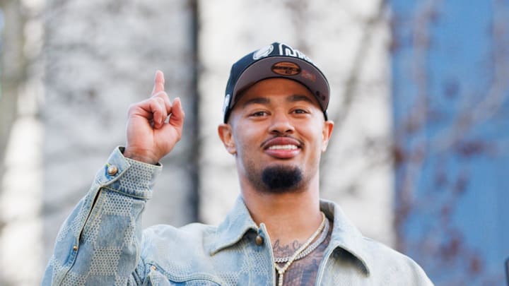 Seattle Seahawks wide receiver Jaxon Smith-Njigba reacts Seattle Seahawks wide receiver Jaxon Smith-Njigba reacts