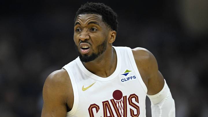 Apr 29, 2026; Cleveland, Ohio, USA; Cleveland Cavaliers guard Donovan Mitchell (45) reacts against the Toronto Raptors in the first quarter of game five of the first round of the 2026 NBA Playoffs at Rocket Arena. Mandatory Credit: David Richard-Imagn Images
