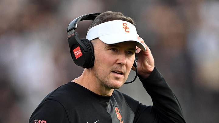 Sep 13, 2025; West Lafayette, Indiana, USA; Southern California Trojans head coach Lincoln Riley stands on the sidelines during the first quarter against the Purdue Boilermakers at Ross-Ade Stadium. Mandatory Credit: Marc Lebryk-Imagn Images