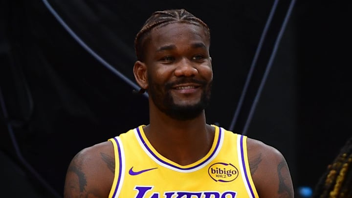 Sep 29, 2025; Los Angeles, CA, USA; Los Angeles Lakers guard Augustus Marciulionis (31), center Deandre Ayton (5) and guard R.J. Davis (55) during media day at UCLA Health Training Center. Mandatory Credit: Gary A. Vasquez-Imagn Images Sep 29, 2025; Los Angeles, CA, USA; Los Angeles Lakers guard Augustus Marciulionis (31), center Deandre Ayton (5) and guard R.J. Davis (55) during media day at UCLA Health Training Center. Mandatory Credit: Gary A. Vasquez-Imagn Images