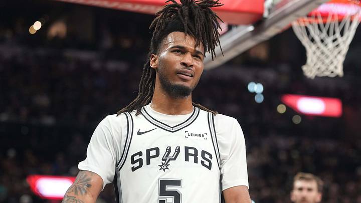 Apr 28, 2026; San Antonio, Texas, USA; San Antonio Spurs guard Stephon Castle (5) reacts during the second half of game five of the first round of the 2026 NBA Playoffs against the Portland Trail Blazers at Frost Bank Center. Mandatory Credit: Scott Wachter-Imagn Images