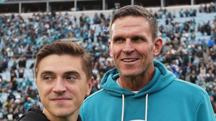 Jan 4, 2026; Jacksonville, Florida, USA; Jacksonville Jaguars general manager James Gladstone (left) and executive vice president of football operations Tony Boselli stand on the field after the game against the Tennessee Titans at EverBank Stadium. Mandatory Credit: Travis Register-Imagn Images