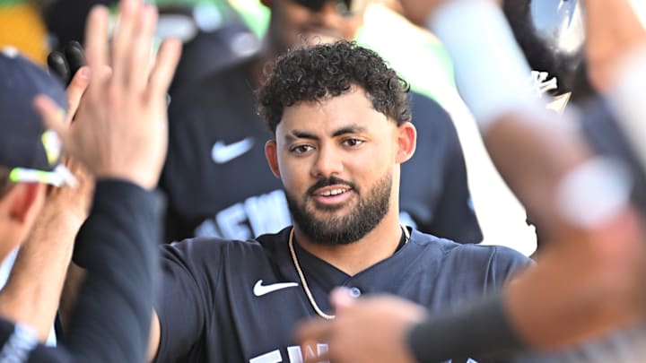 Mar 10, 2026; Clearwater, Florida, USA; New York Yankees left fielder Jasson Dominguez (24) celebrates after hitting a solo home run in the first inning against the Philadelphia Phillies during spring training at BayCare Ballpark. Mandatory Credit: Jonathan Dyer-Imagn Images