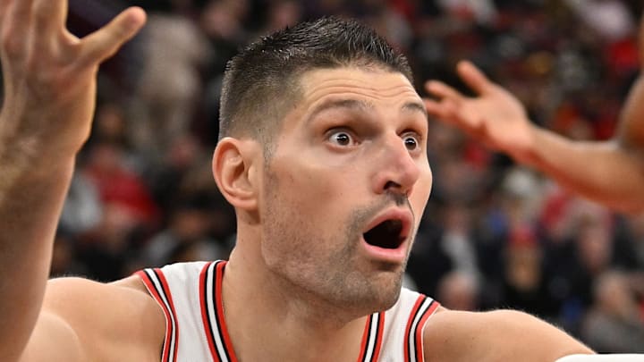Dec 31, 2025; Chicago, Illinois, USA; Chicago Bulls center Nikola Vucevic (9) reacts against the New Orleans Pelicans during the second half at United Center. Mandatory Credit: Patrick Gorski-Imagn Images