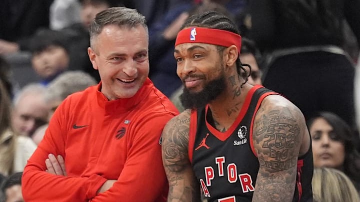 Dec 5, 2025; Toronto, Ontario, CAN; Toronto Raptors head coach Darko Rajakovic and forward Brandon Ingram (3) smile during a break in the action against the Charlotte Hornets during the first half at Scotiabank Arena. Mandatory Credit: John E. Sokolowski-Imagn Images