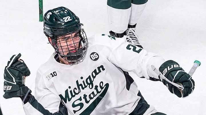 Michigan State forward Porter Martone celebrates scoring a goal against Michigan during Duel in the D at Little Caesars Arena in Detroit on February 7, 2026. Michigan State forward Porter Martone celebrates scoring a goal against Michigan during Duel in the D at Little Caesars Arena in Detroit on February 7, 2026.