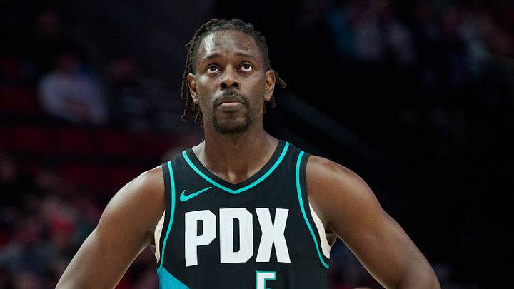 Apr 12, 2026; Portland, Oregon, USA; Portland Trail Blazers guard Jrue Holiday (5) waits during a break in the game during the second half against the Sacramento Kings at Moda Center. Mandatory Credit: Troy Wayrynen-Imagn Images