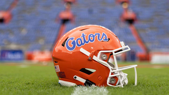 Oct 5, 2024; Gainesville, Florida, USA; A Florida Gators helmet sits on the field before a game against the UCF Knights at Ben Hill Griffin Stadium. Mandatory Credit: Matt Pendleton-Imagn Images