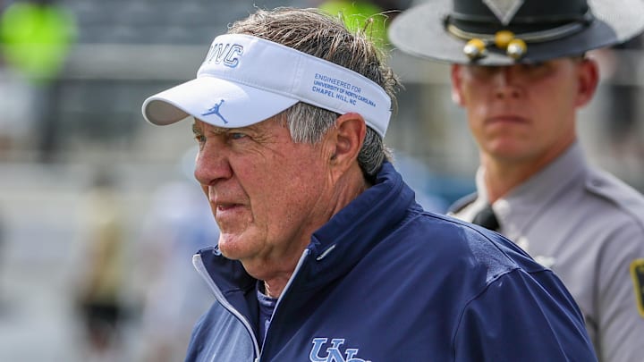 Sep 20, 2025; Orlando, Florida, USA; North Carolina Tar Heels head coach Bill Belichick walks into the field before the game against the UCF Knights at the Bounce House Stadium. Mandatory Credit: Mike Watters-Imagn Images